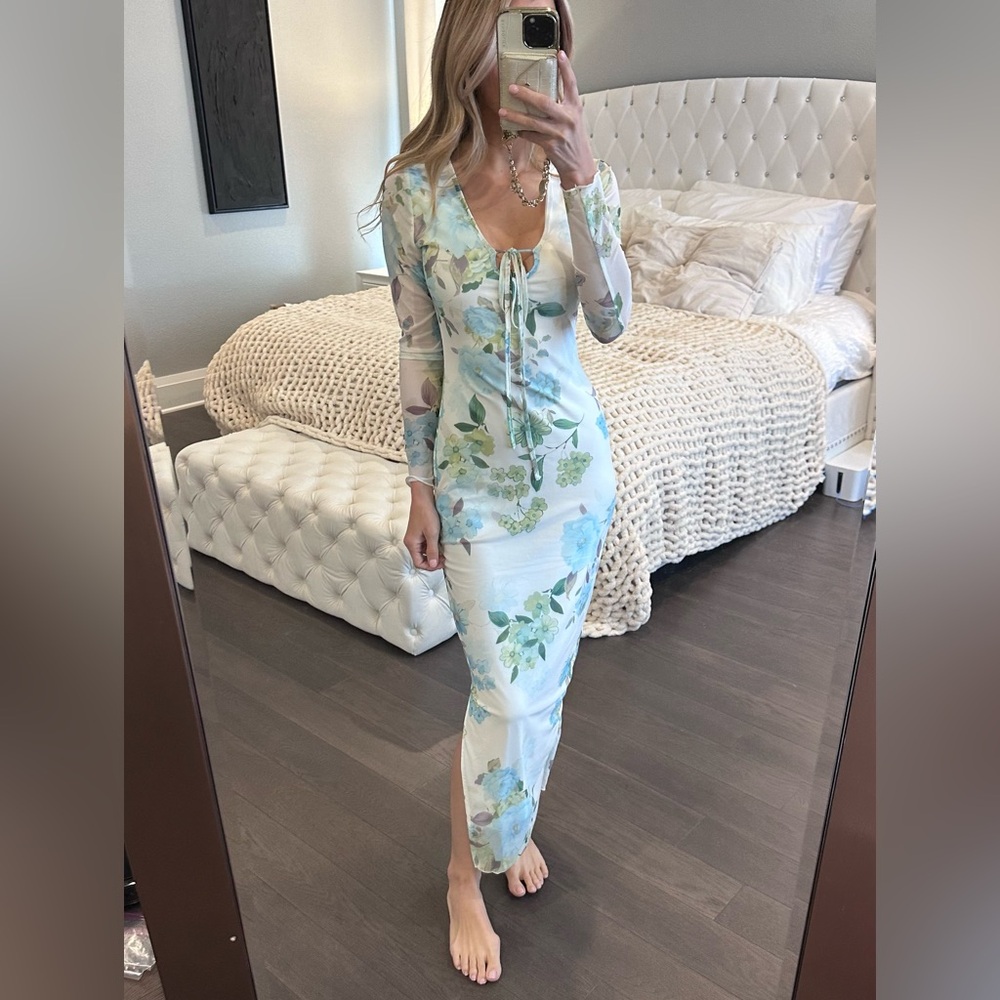 Floral Tie-Front Long Sleeve Maxi Dress - Blue Floral